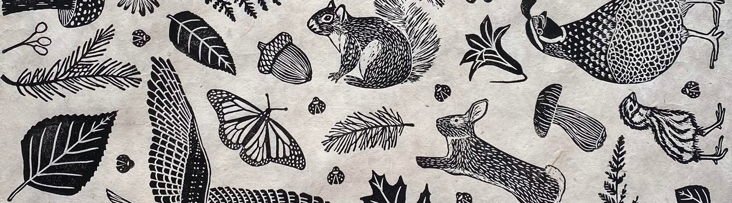 Nature inspired block print of animals and plants