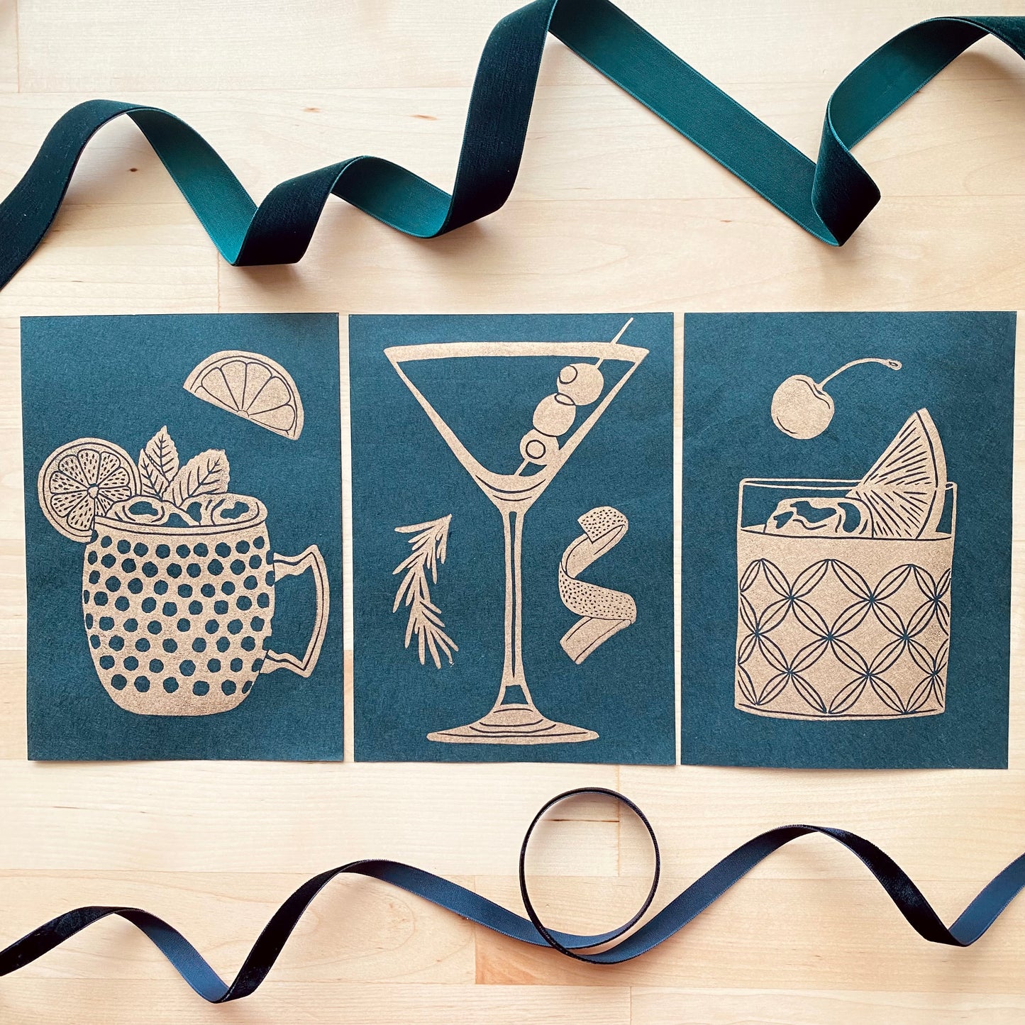 Gold & Evergreen Drink Print Trio