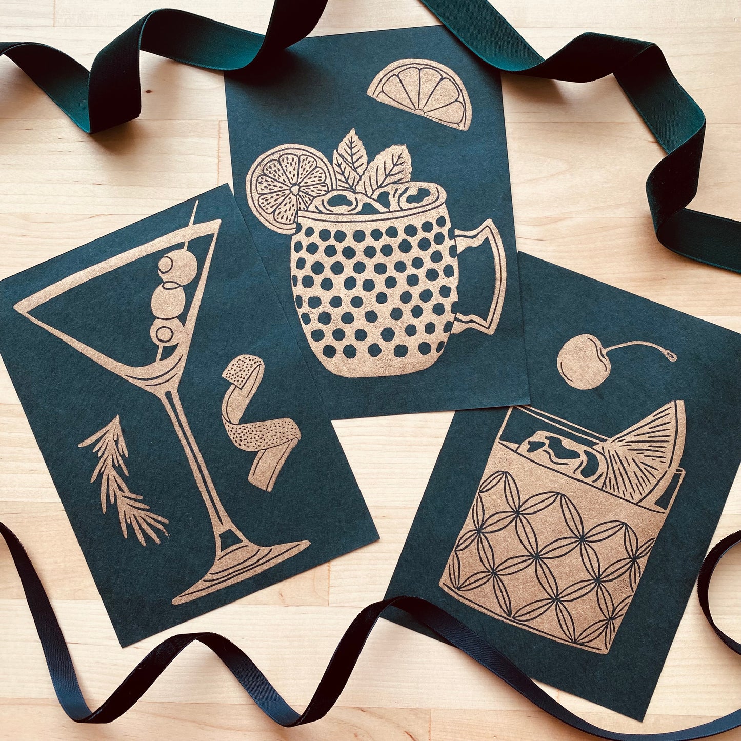 Gold & Evergreen Drink Print Trio