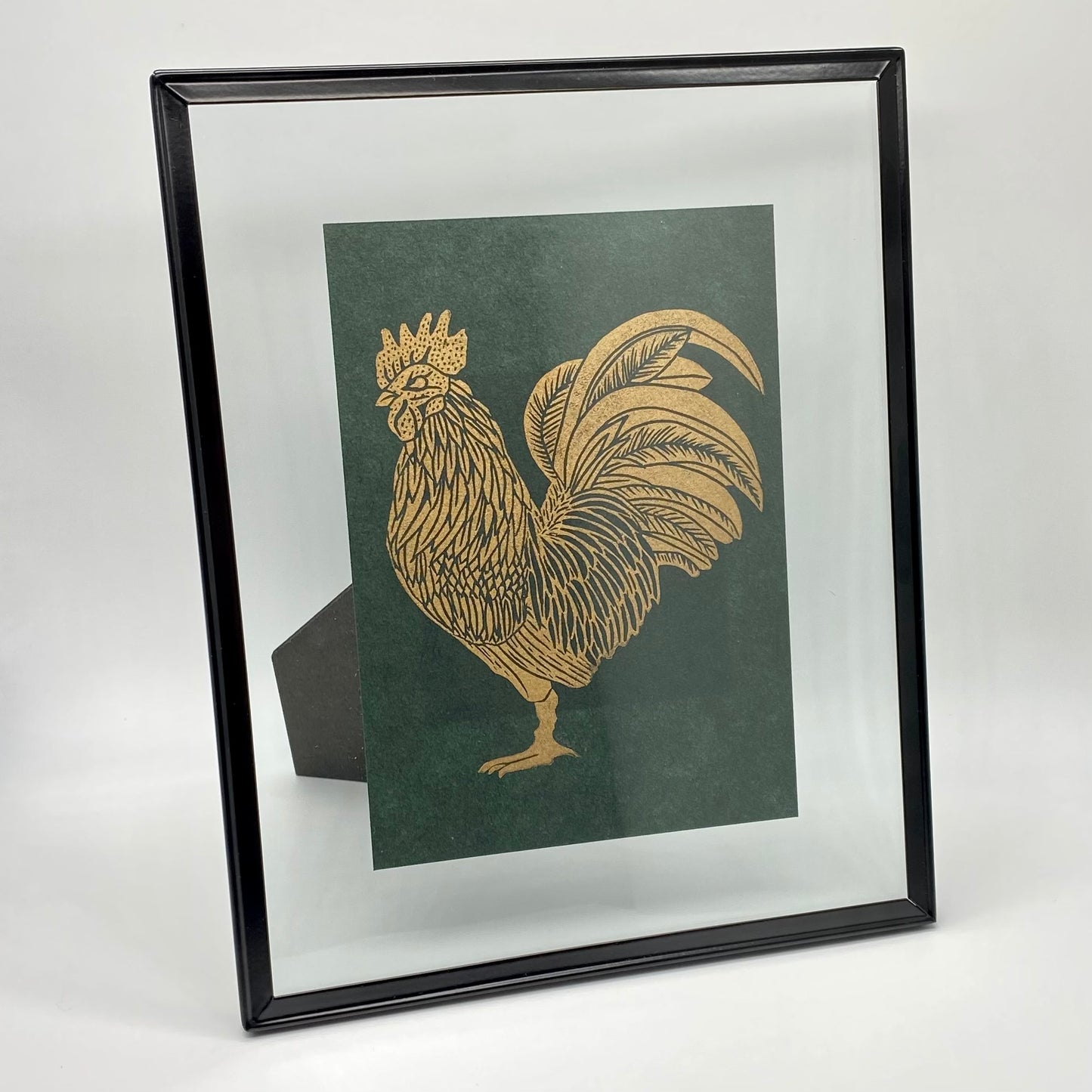 Gold Rooster on Evergreen Print Framed