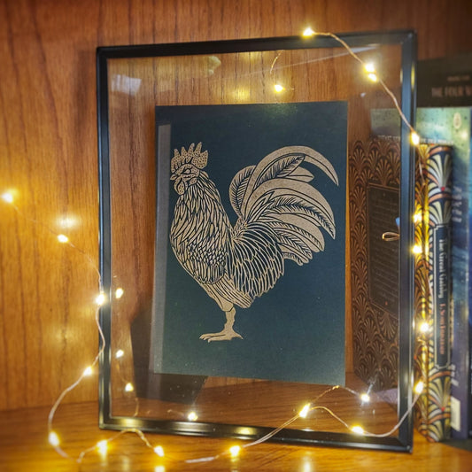 Gold Rooster on Evergreen Print Framed