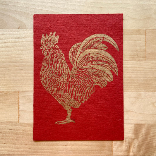 Gold Rooster on Red Print