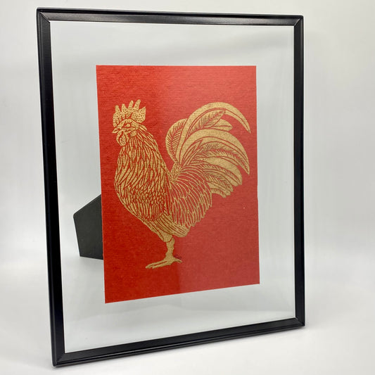 Gold Rooster on Red Print Framed