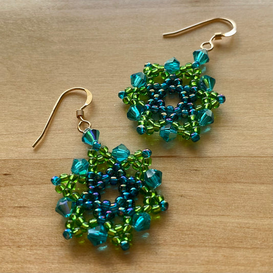 Green & Blue Crystal 14kt Gold Earrings