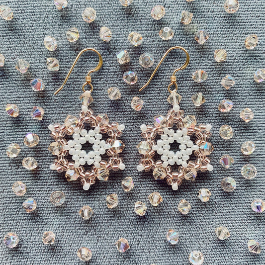 Light Silk & White Snowflake Crystal 14kt Rose Gold Earrings