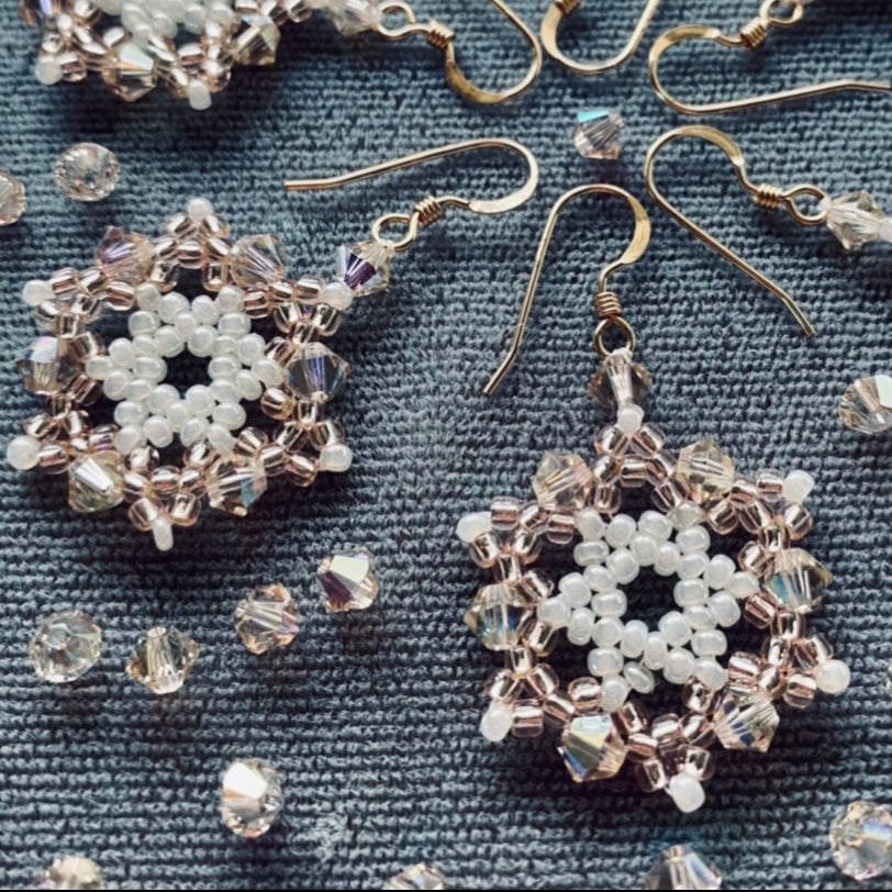 Light Silk & White Snowflake Crystal 14kt Rose Gold Earrings
