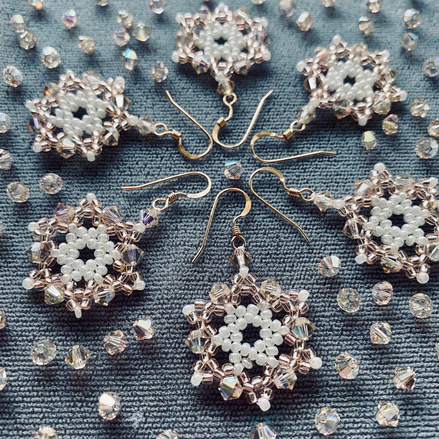 Light Silk & White Snowflake Crystal 14kt Rose Gold Earrings