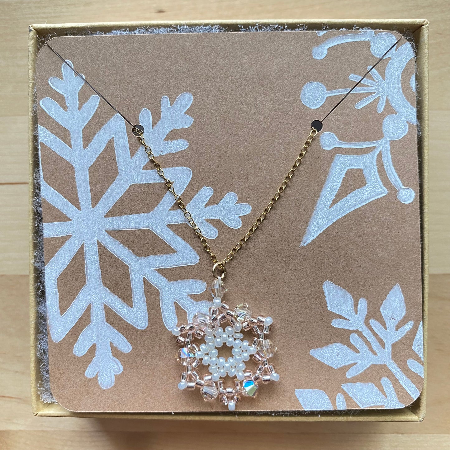 Light Silk & White Snowflake Crystal 14kt Gold Necklace