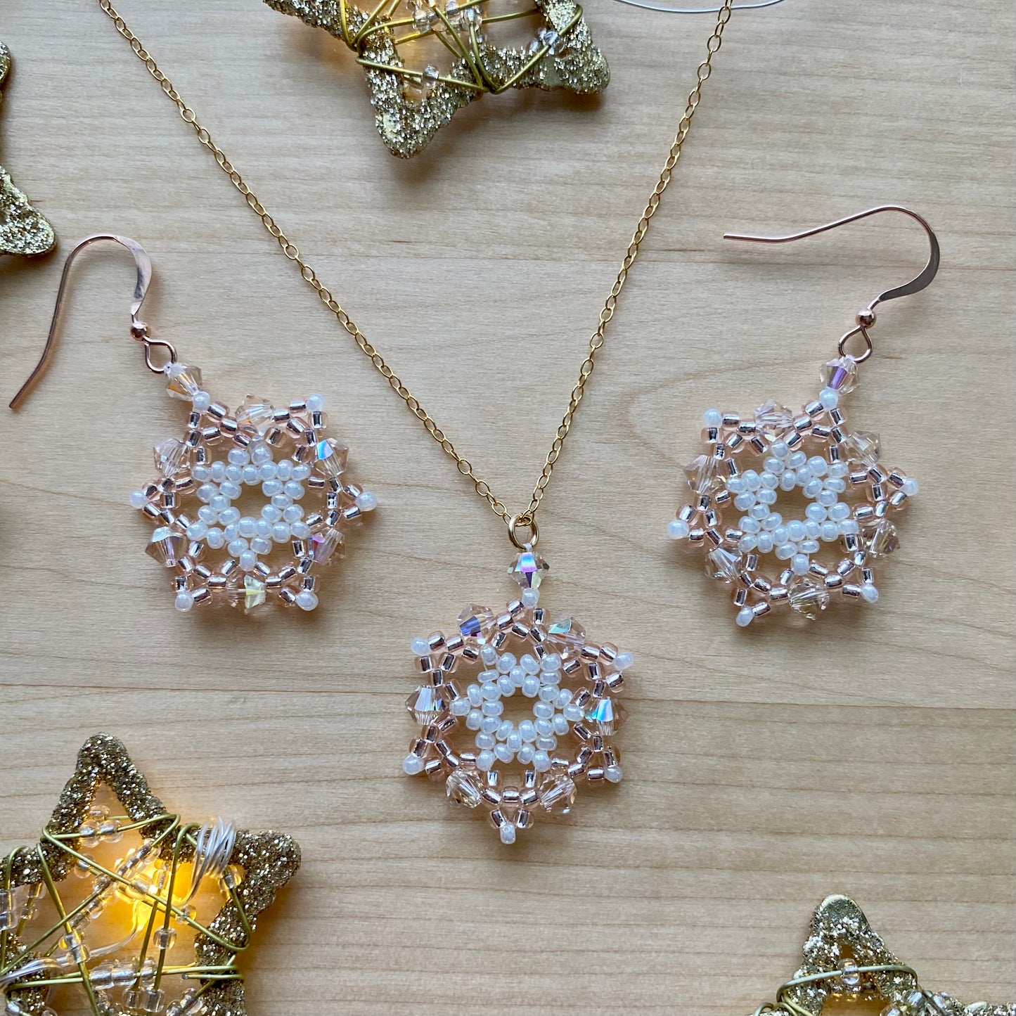 Light Silk & White Snowflake Crystal 14kt Gold Necklace